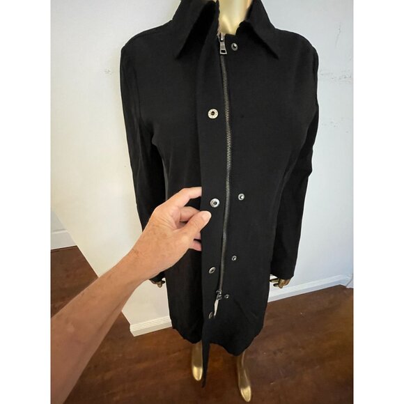 Theory Black Button zip Long Womens Trench Coat Academia Preppy Classic Split M - Picture 10 of 13
